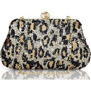 Women's Black Golden Wedding Bridal Evening Clutch with Leopard Purse with Chain